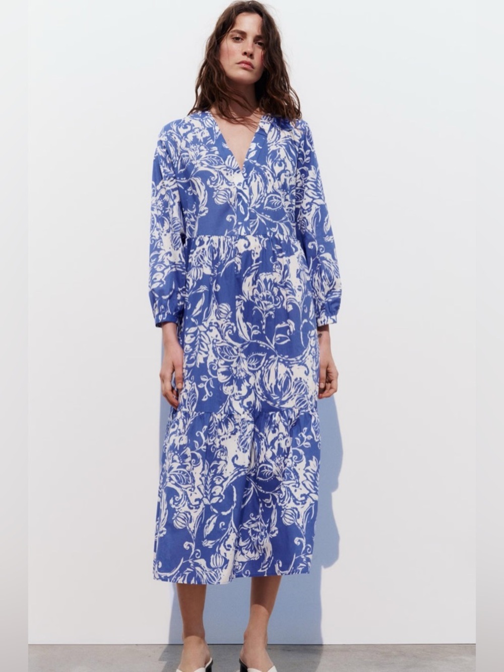 Zara Blue White Floral Boho Resort Tiered Midi-MaxiDress Sz S